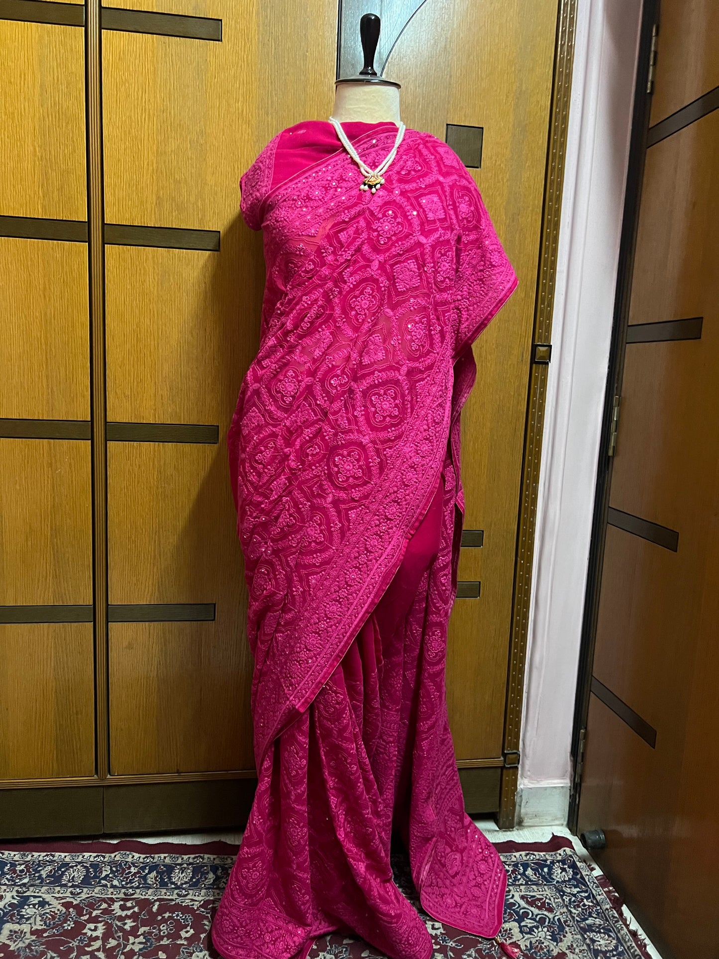 Hot Pink Chikankari Saree Eomen Gorgette Sarees - Saffronfashionindia