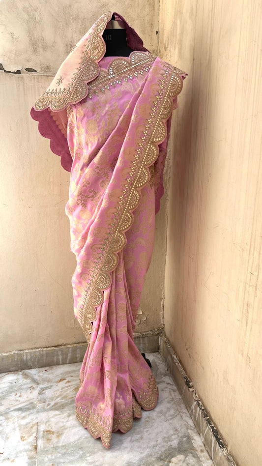Pink Khaddi Gorgette Saree Indian Gottapatti Sarees - Saffronfashionindia