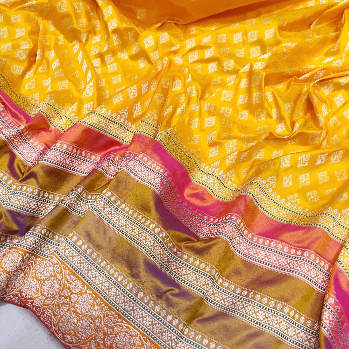 Yellow katan handwoven shaded milti striped sarees - Saffronfashionindia