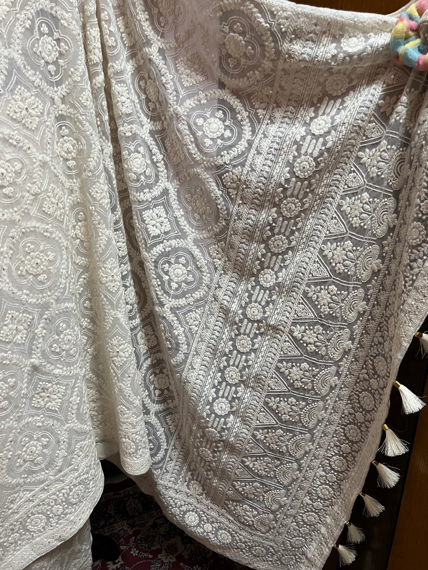White Chikankari Saree Gorgette Sarees - Saffronfashionindia