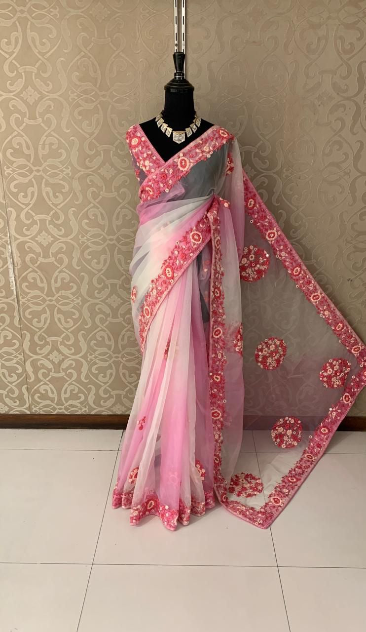 Mishika organza saree handwork saree embroidery saree blouse SaffronFashion