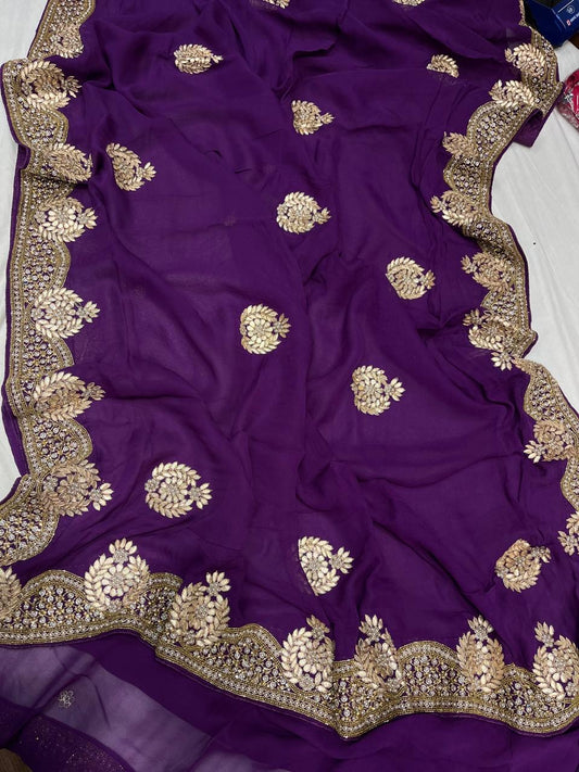 Purple Gorgette Gottapatti Saree Zardosi Saree Indian Sari - Saffronfashionindia