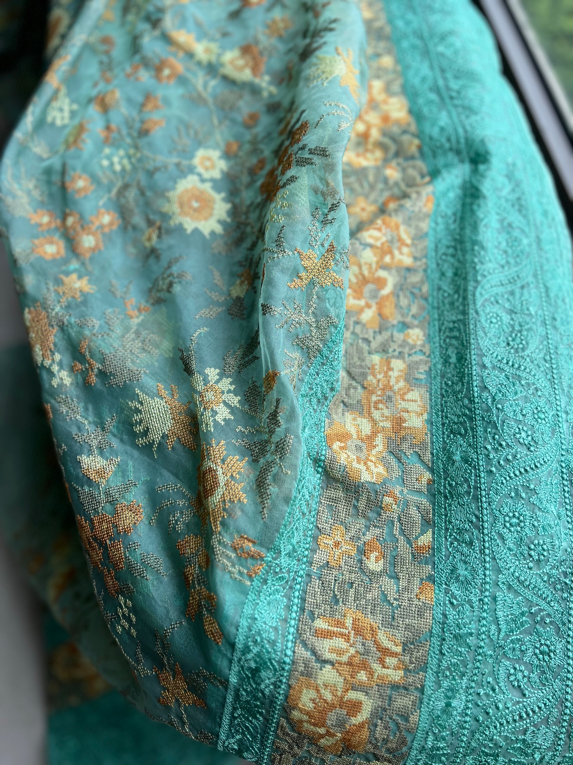 Cross stich inspired organza saree exclusive sarees women saree blouse - Saffronfashionindia