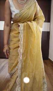 Yellow crushed tissue saree tissue silk saree Partywear saree blouse