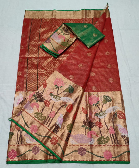 Exclusive Red Tissue Paithani Tissue Zari Kota Sarees - Saffronfashionindia