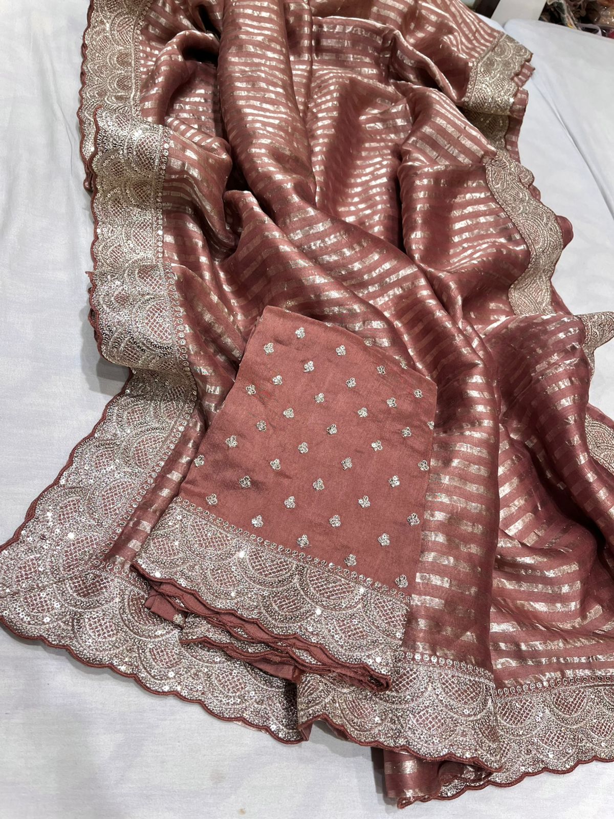 Chanderi Silk saree striped party wear women sarees blouse SaffronFashion