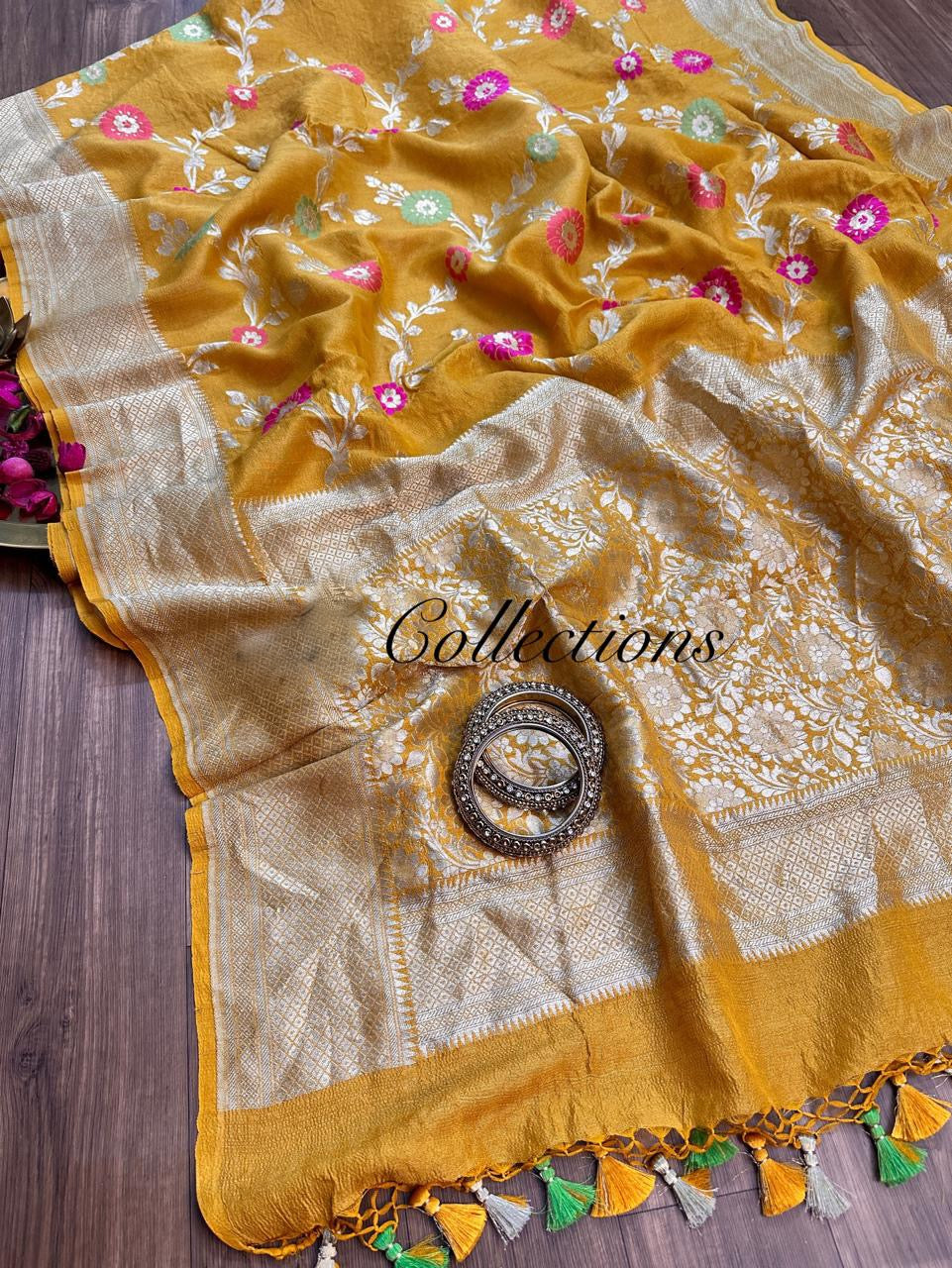 Yellow Khaddi gorgette saree Indian wedding sarees blouse - Saffronfashionindia
