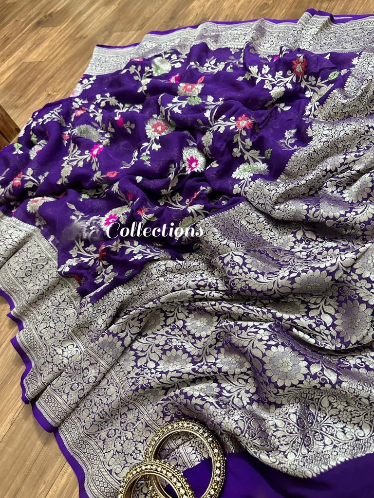 Banarsi Khaddi Gorgette weaving sarees floral saree - Saffronfashionindia