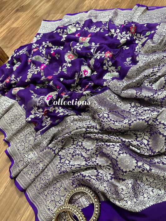 Banarsi Khaddi Gorgette weaving sarees floral saree - Saffronfashionindia