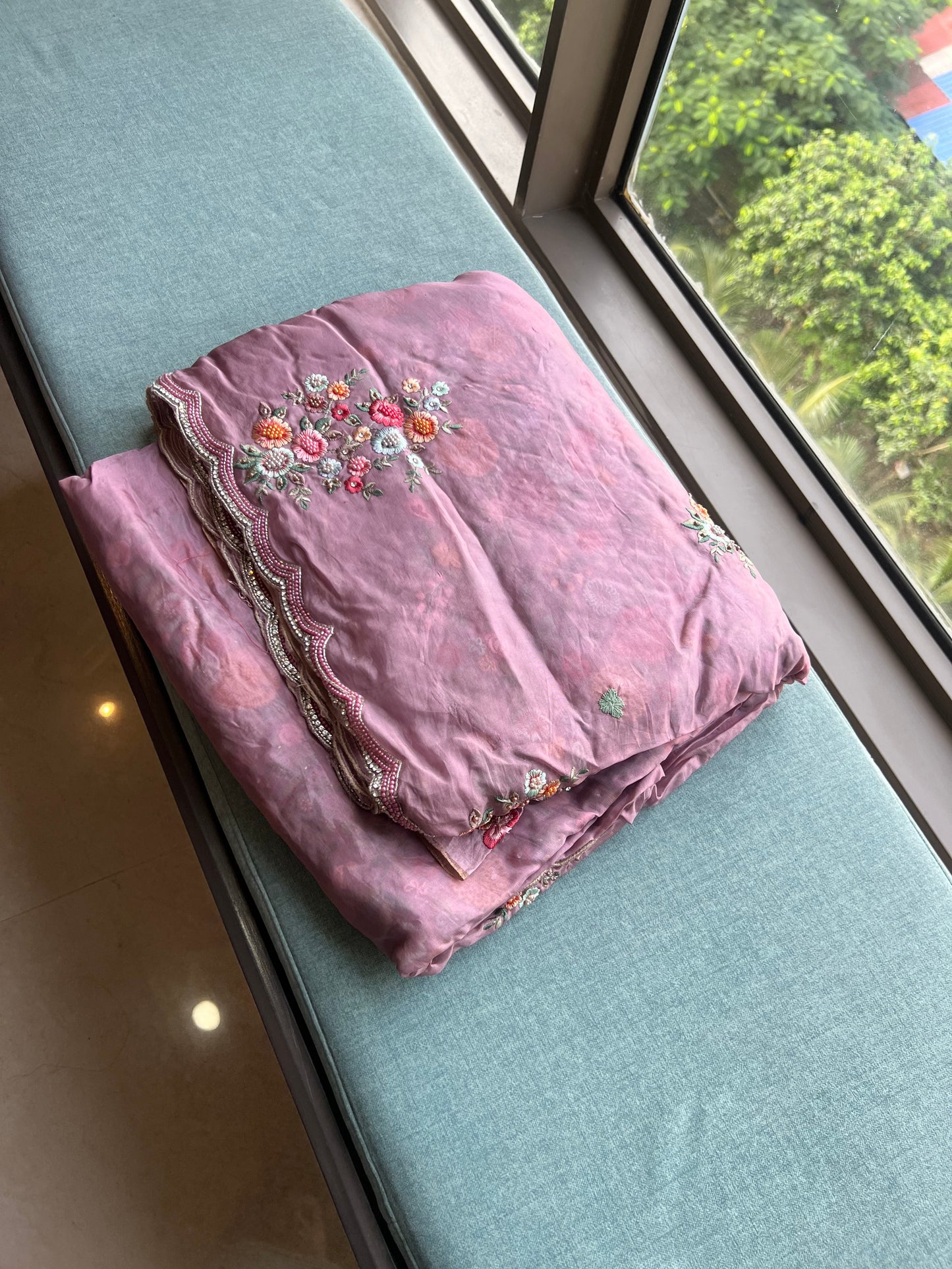 Lavender embroidery saree floral pearl saree reception sari SaffronFashion