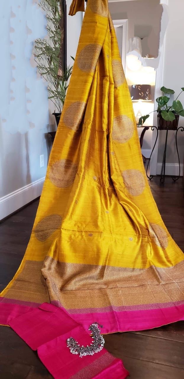 Banarsi Raw Silk Saree Indian Sari blouse - Saffronfashionindia