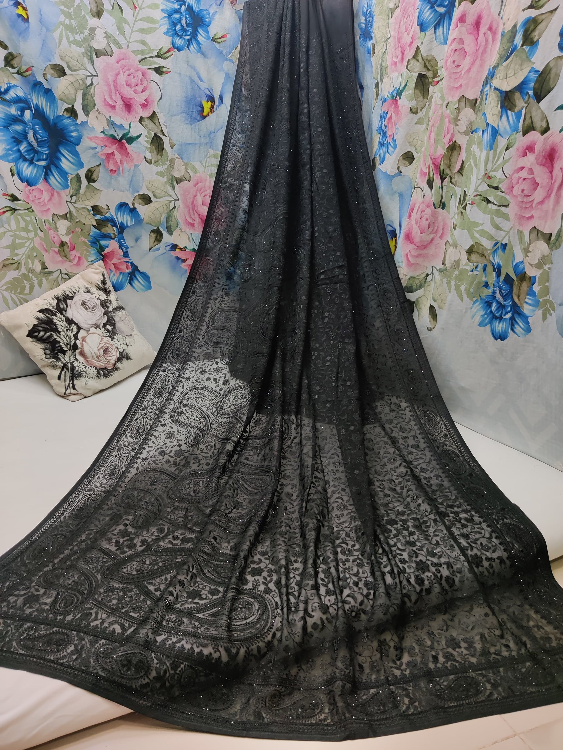 Paisley inspired Chikankari saree gorgette saree blouse - Saffronfashionindia