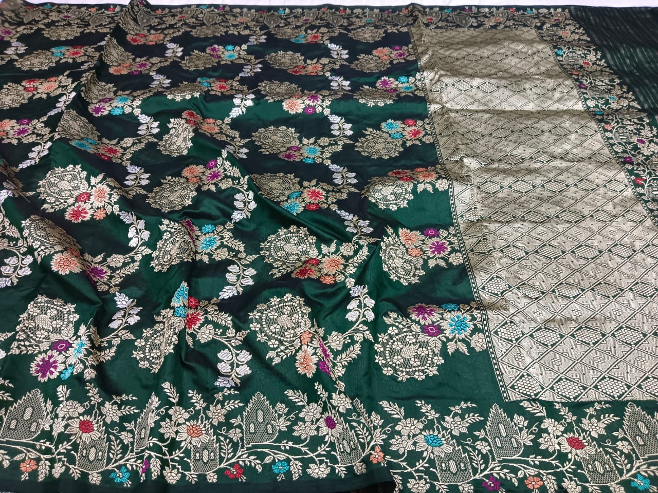 Meenakari green Katan silk saree - Saffronfashionindia