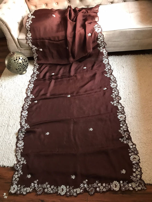 Brown organza silk saree premium sarees - Saffronfashionindia