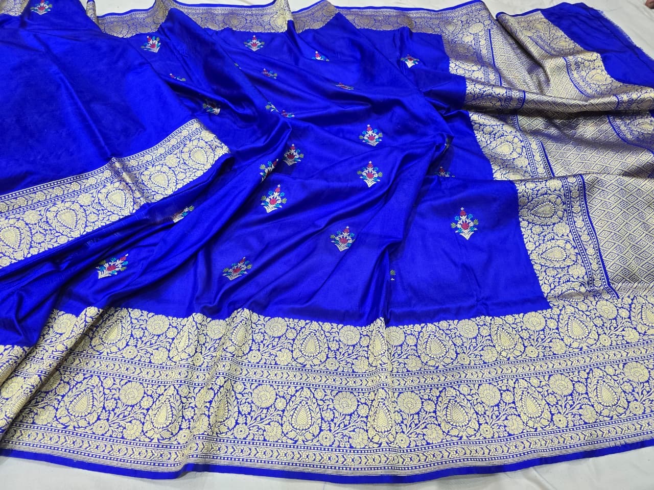 Royal blue saree banatei saree jatan silk sari blouse Saffronfashionindia