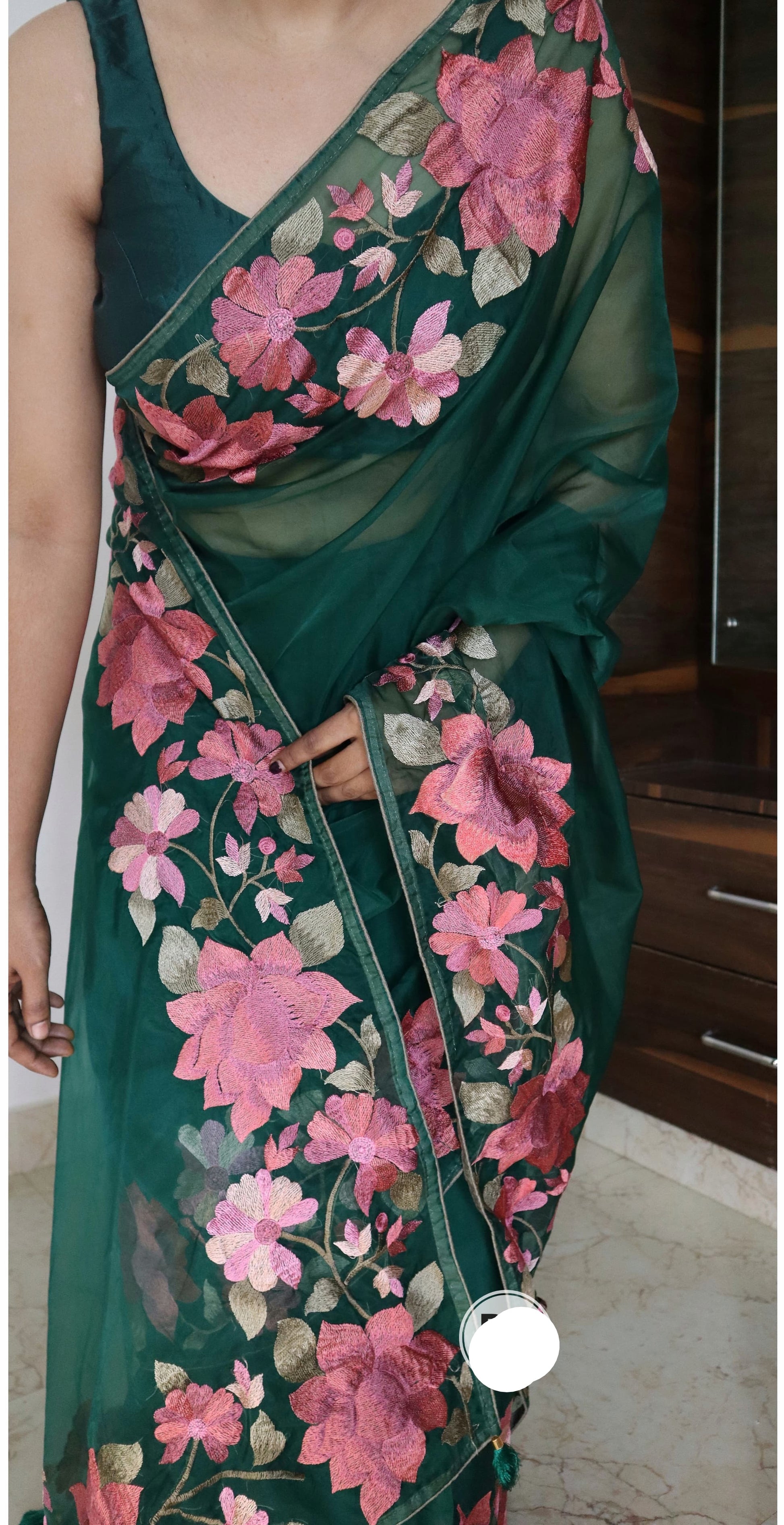 Parsi inspired floral bordered organza saree Indian Partywear sarees - Saffronfashionindia
