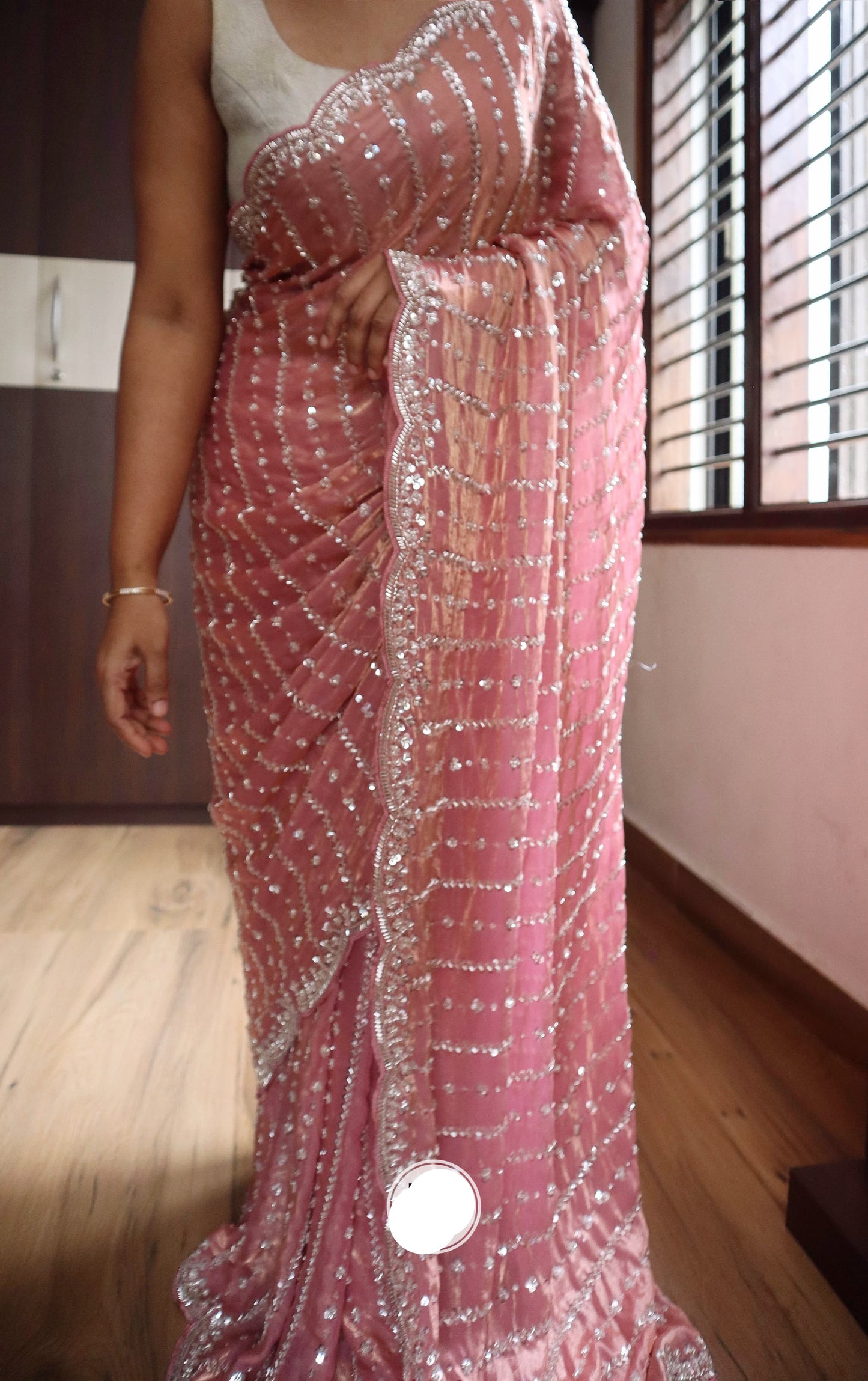 Peachy crepe silk saree Partywear sequins sarees - Saffronfashionindia