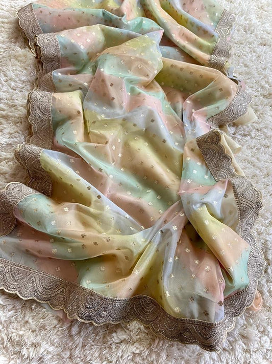 Ragkat Kora saree scalloped bordered saree Partywear sari SaffronFashion