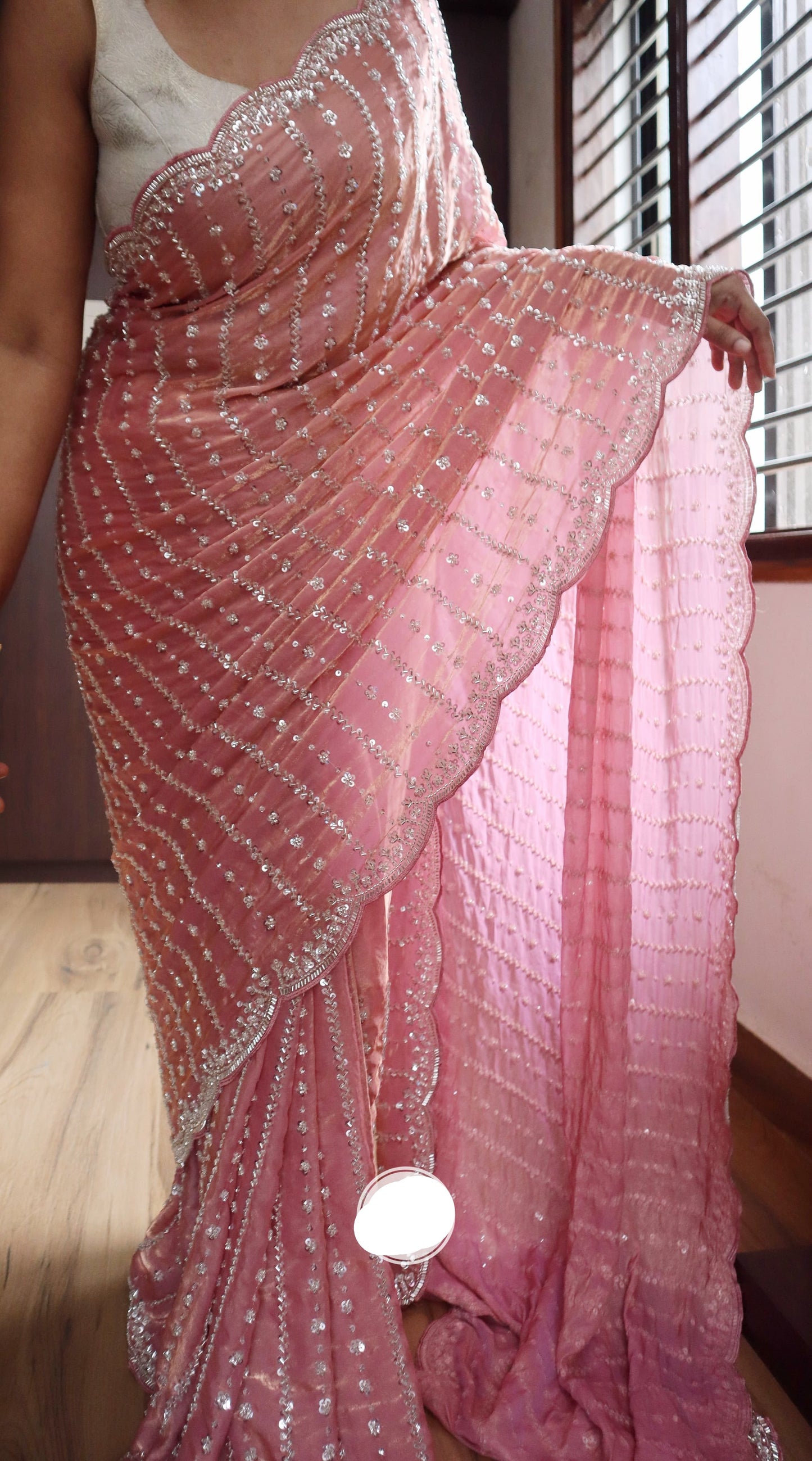 Peachy crepe silk saree Partywear sequins sarees - Saffronfashionindia