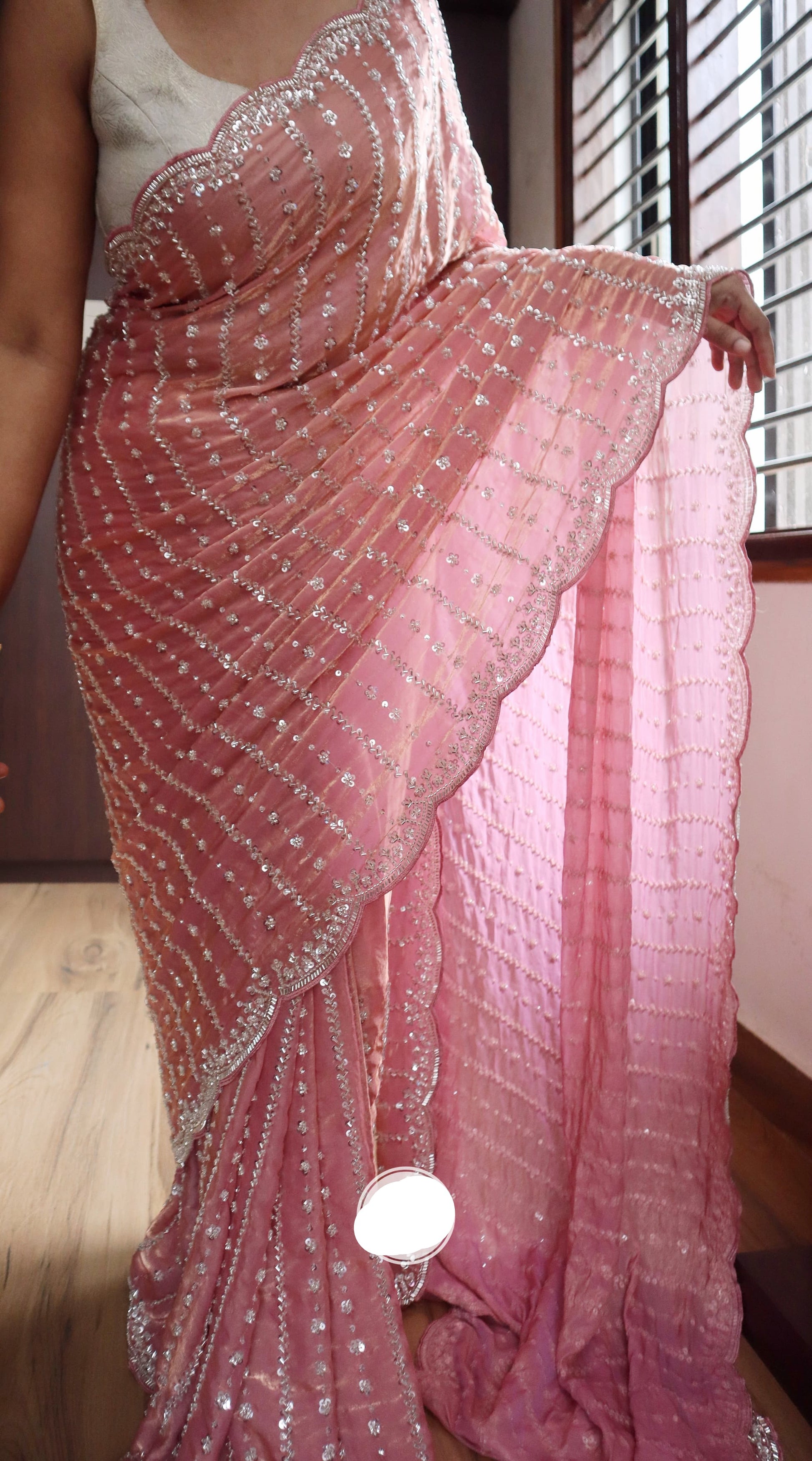 Peachy crepe silk saree Partywear sequins sarees - Saffronfashionindia