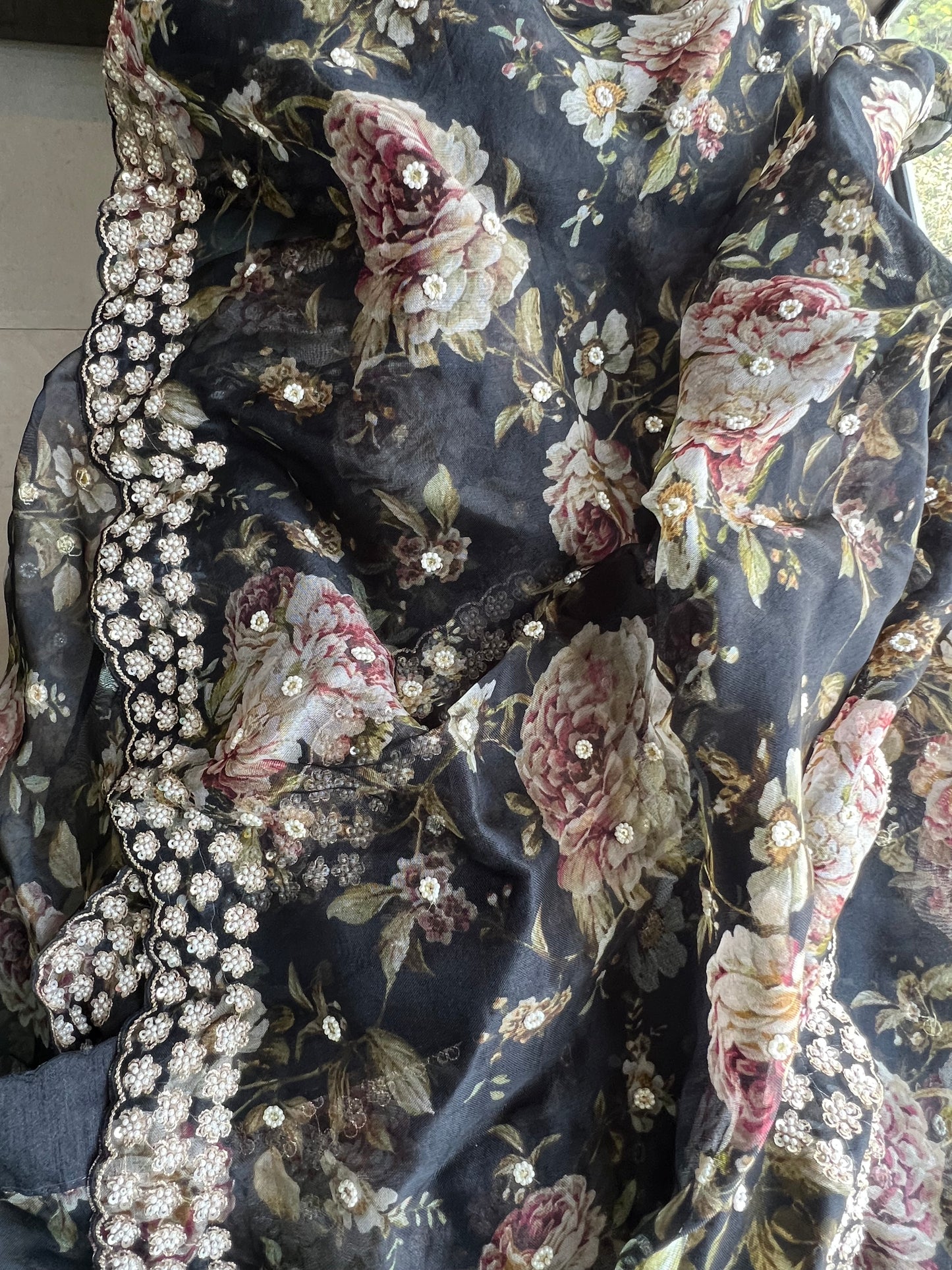 Black floral saree Organza saree Indian sari blouse - Saffronfashionindia