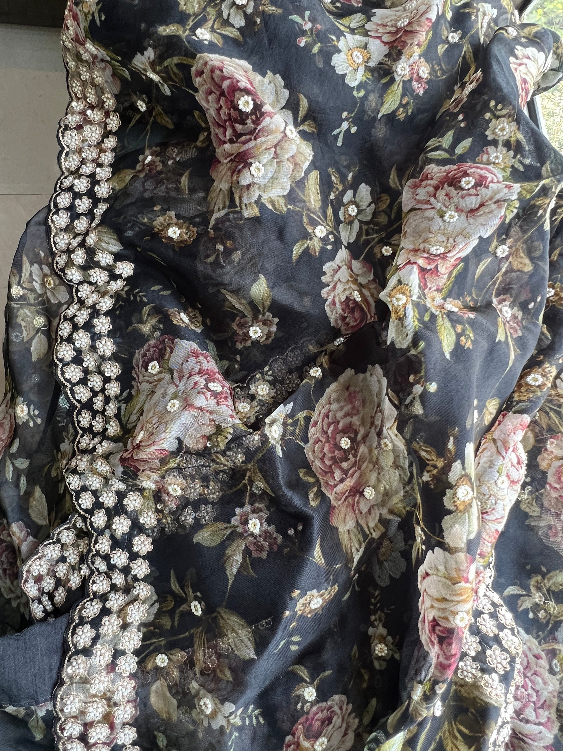 Black floral saree Organza saree Indian sari blouse - Saffronfashionindia