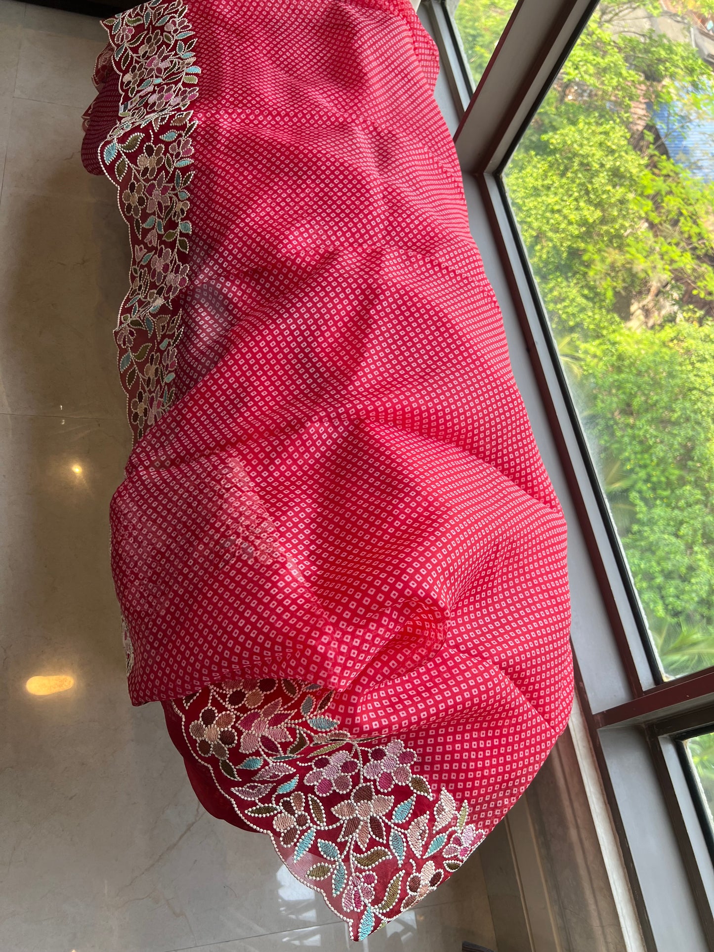 Red Organza Saree Thread Embroidery Work Sarees - Saffronfashionindia