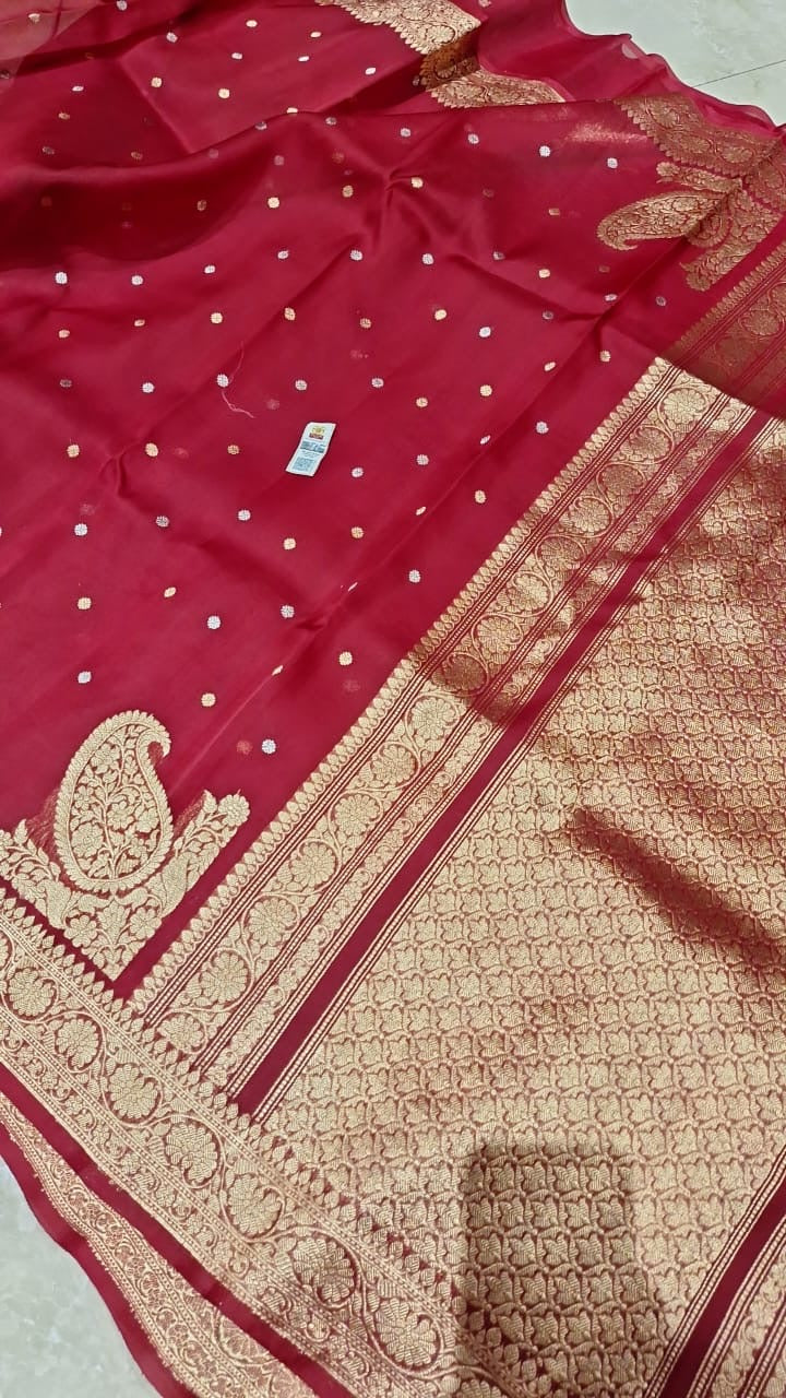 Bengal Traditional Red Kora Organza Saree - Saffronfashionindia
