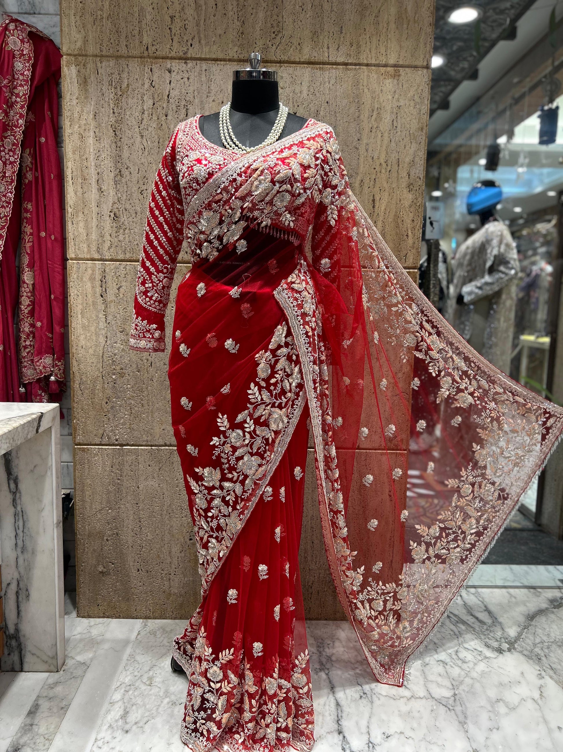 Net designer saree party wear saree’s Indian wedding saree blouse Saffronfashionindia