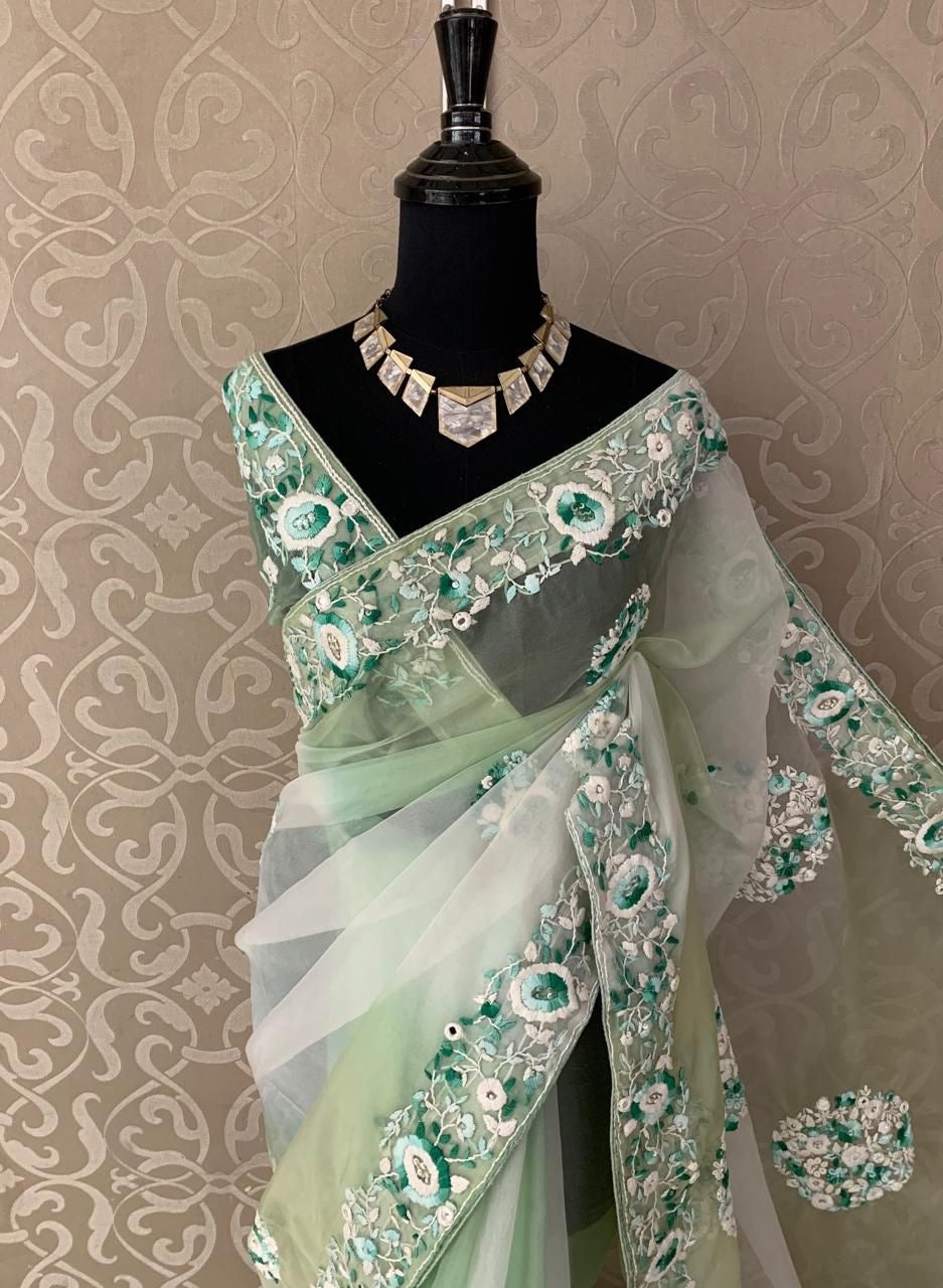Mishika organza saree handwork saree embroidery saree blouse SaffronFashion
