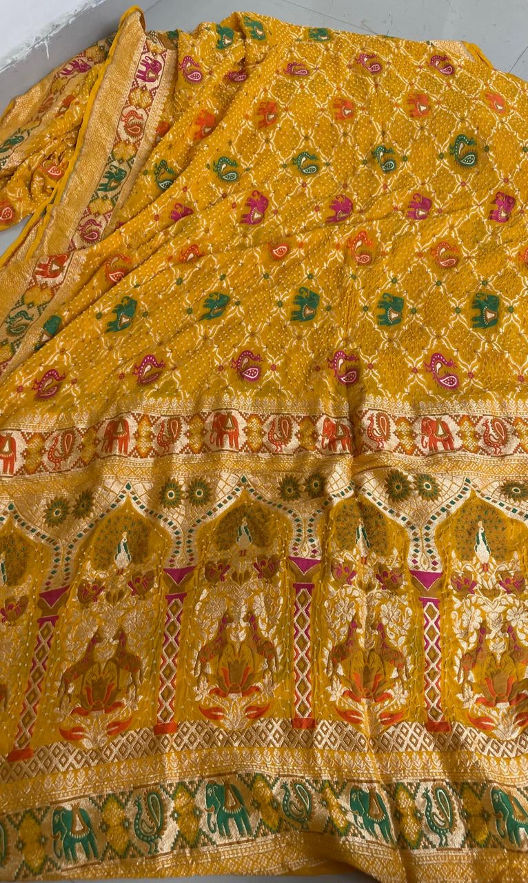 Yellow bandhej gorgette saree women saree - Saffronfashionindia