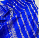 Blue katan silk saree Banarsi saree handwoven sari blouse Saffronfashionindia