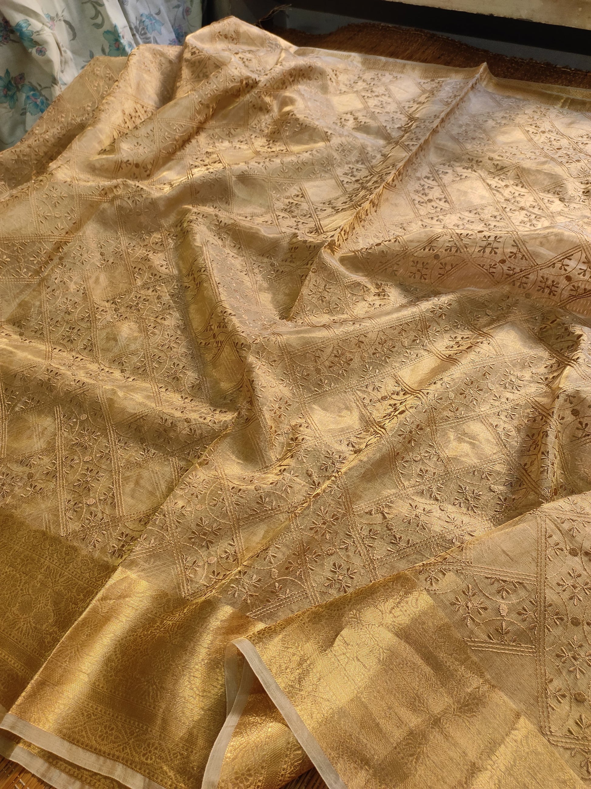 Blensin tissue silk saree embroidered saree Saffronfashionindia