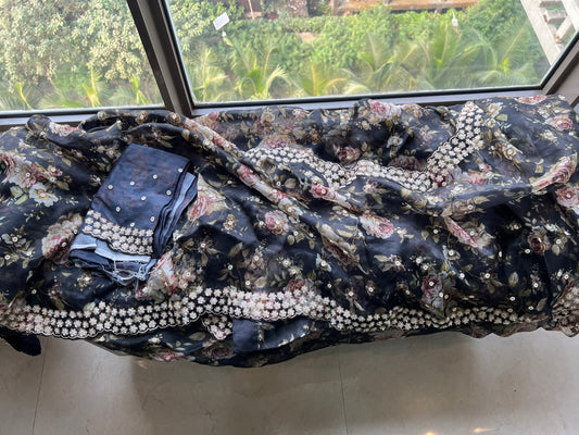 Black floral saree Organza saree Indian sari blouse - Saffronfashionindia