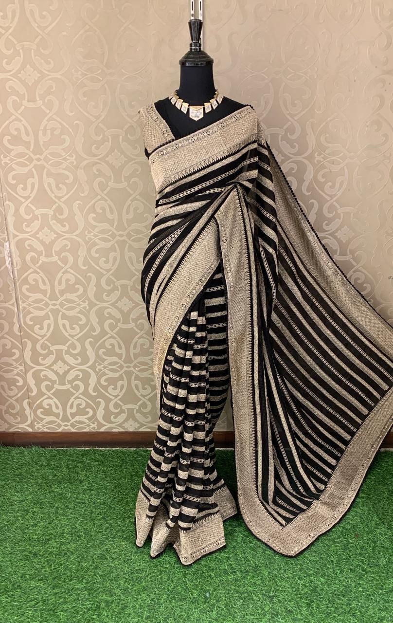 Striped Saree Georgette sari Indian sarees blouse - Saffronfashionindia