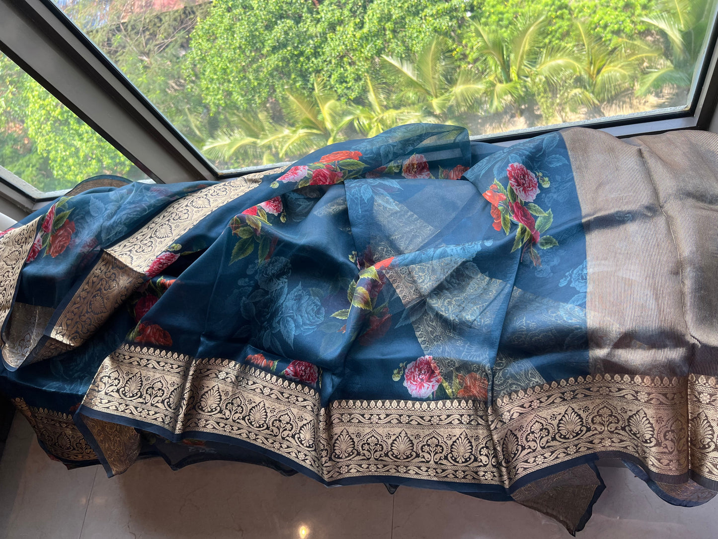 Kivashi Saree organza saree floral saree sabyasachi bordered sari blouse - Saffronfashionindia