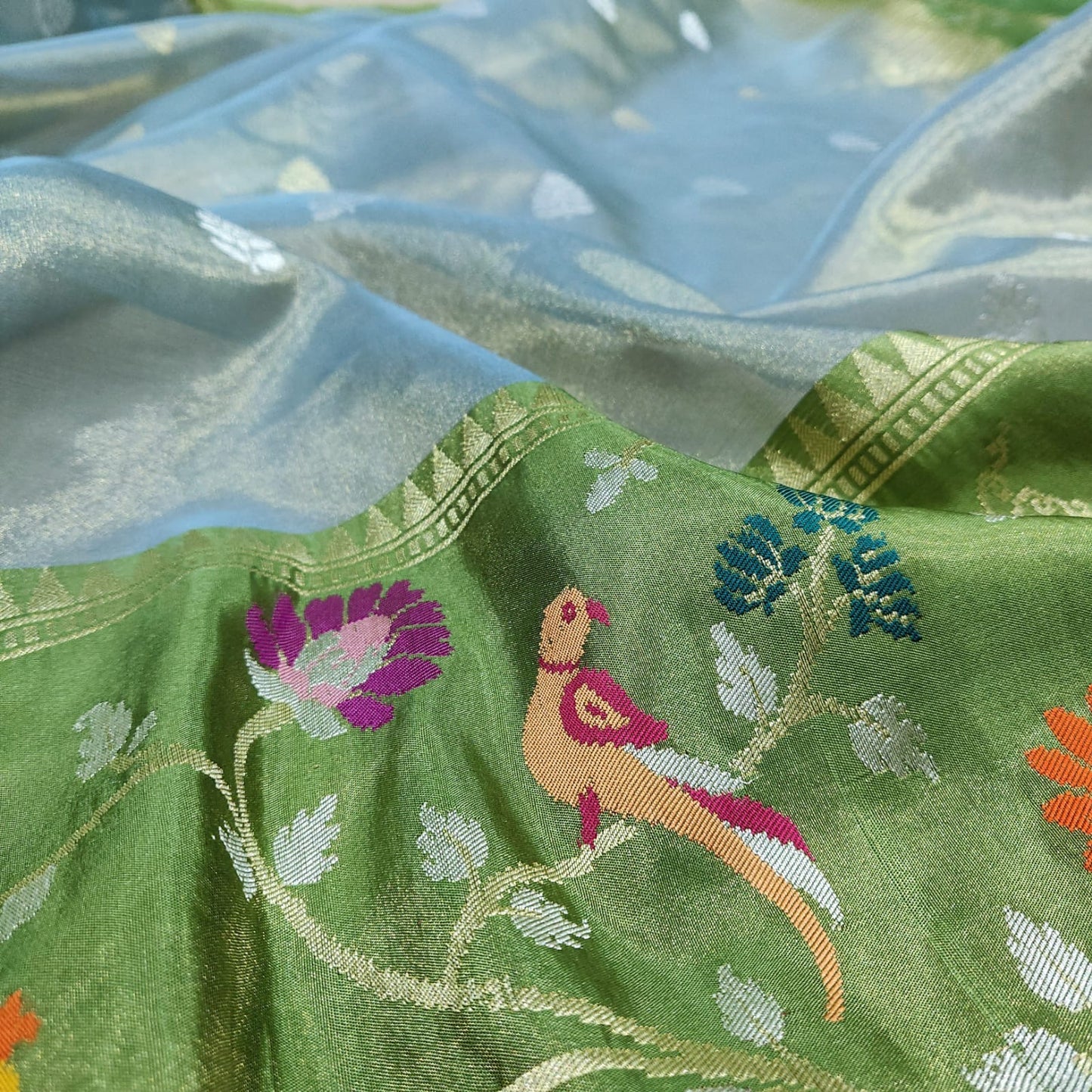 pure Tissue Handwoven silver gold Zari saree - Saffronfashionindia