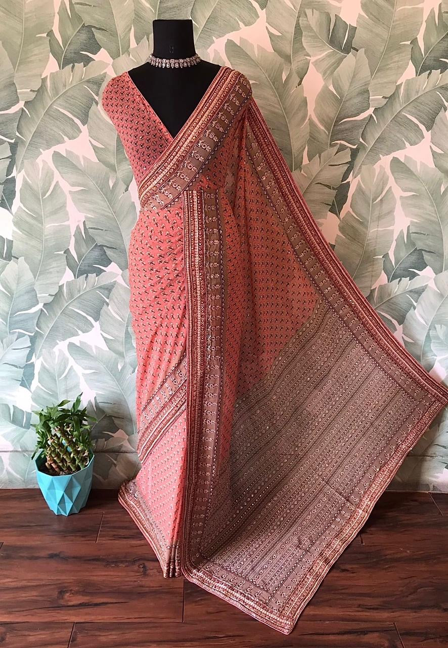 Premium gorgette sequins saree Partywear sari blouse Saffronfashionindia