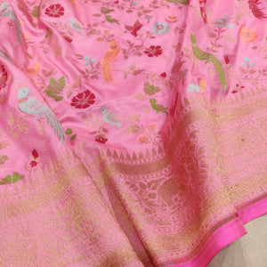 Pretty pink katan handwoven antique zari saree