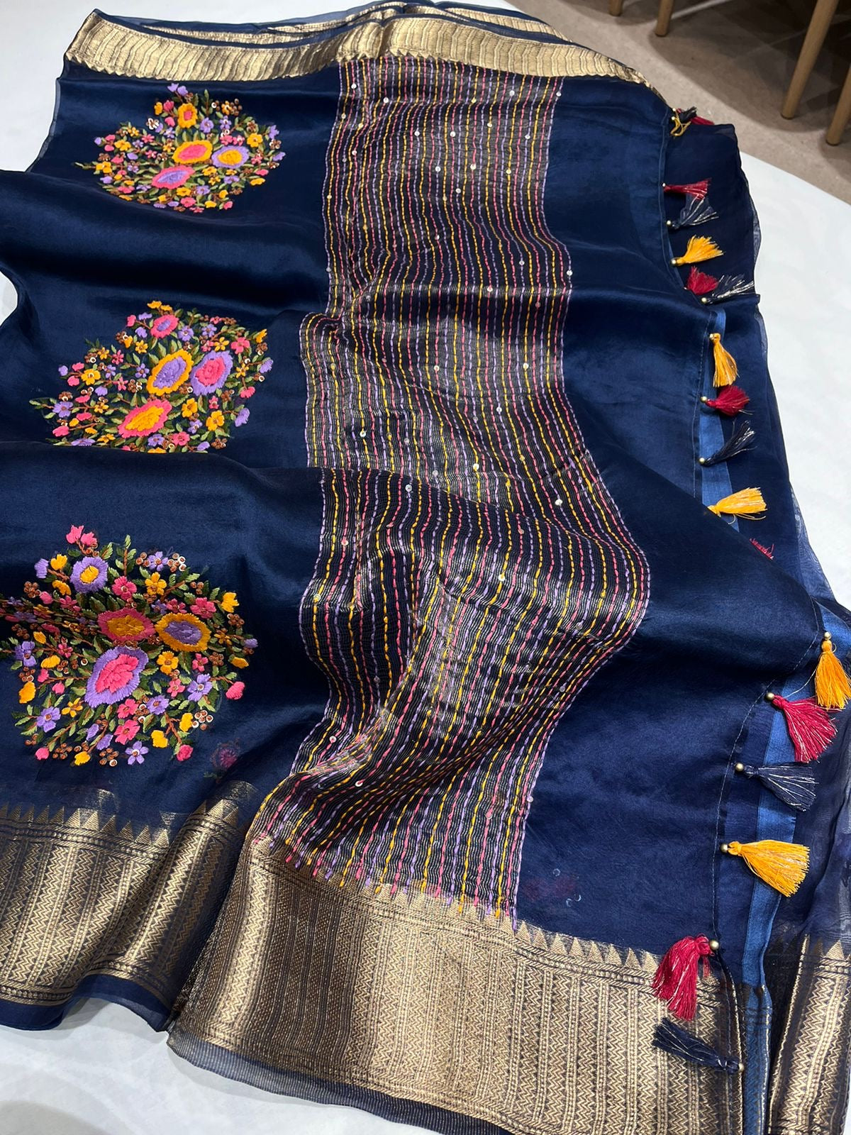 Organza French knot saree Zari border saree Partywear sari SaffronFashion