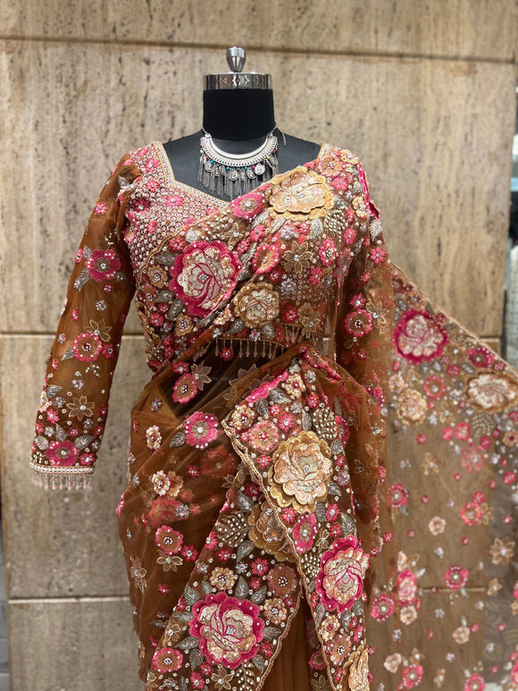 Net beautiful saree Indian wedding sarees Partywear sari blouse Saffronfashionindia