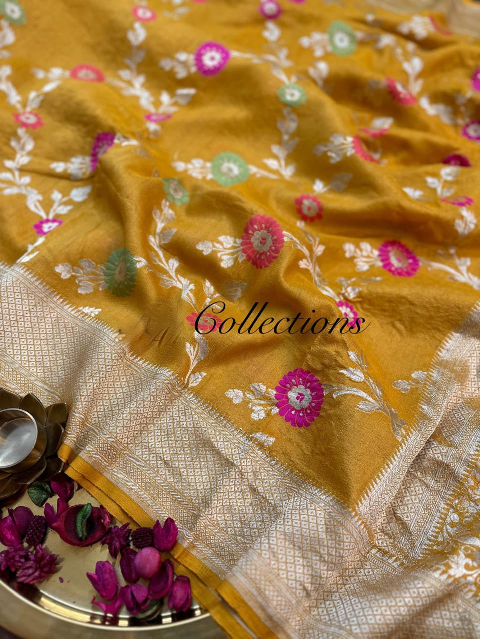 Yellow Khaddi gorgette saree Indian wedding sarees blouse - Saffronfashionindia