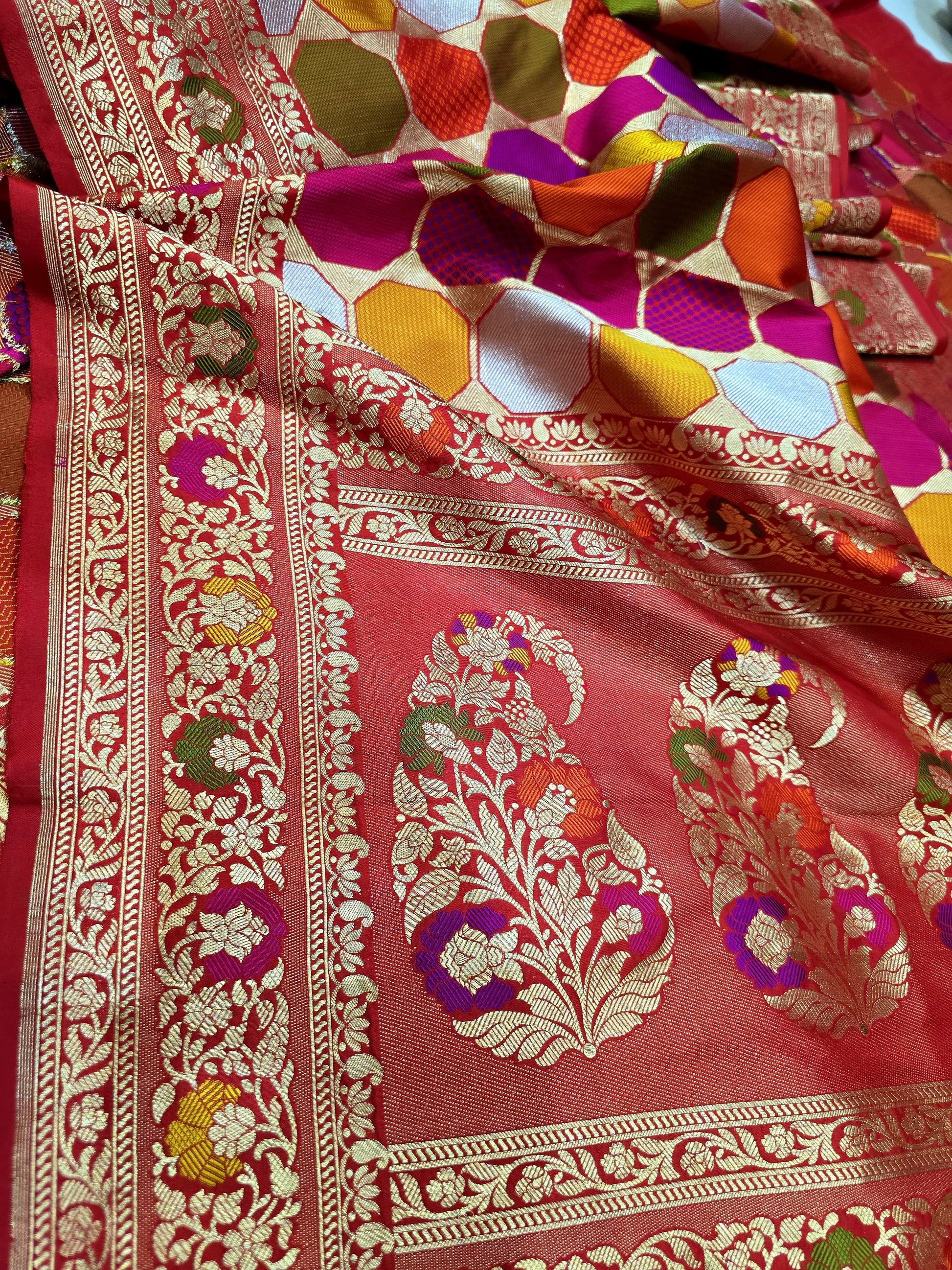 Rangkat inspired Banarsi silk saree katan silk sari blouse - Saffronfashionindia