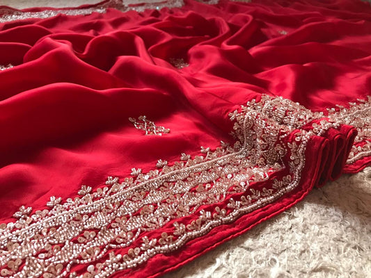 Red Bridal Posh Premium Satin saree - Saffronfashionindia