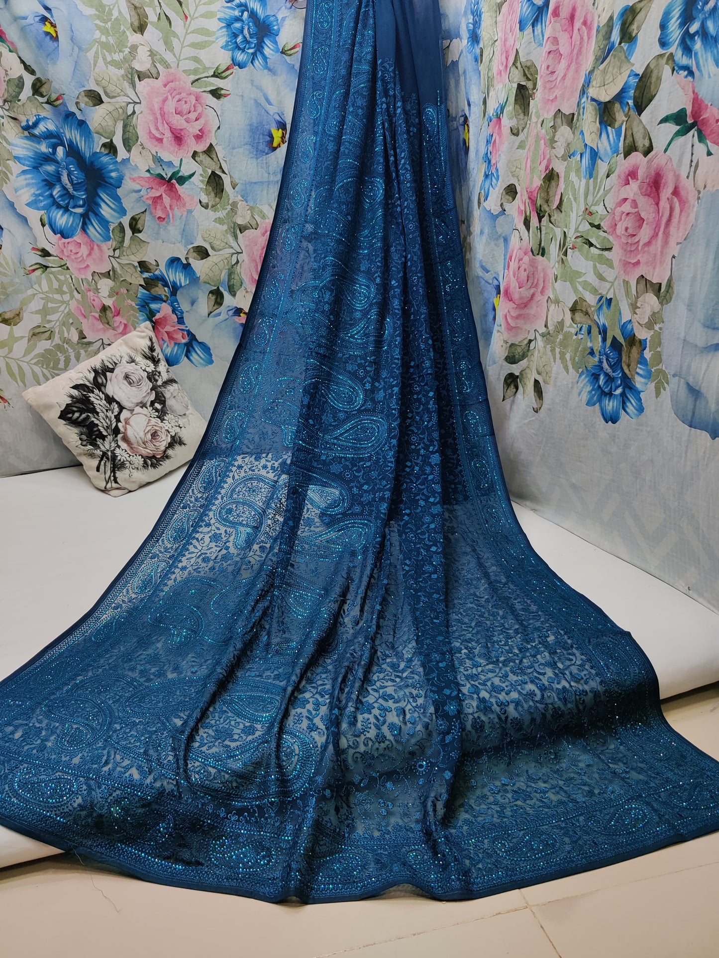 Paisley inspired Chikankari saree gorgette saree blouse - Saffronfashionindia