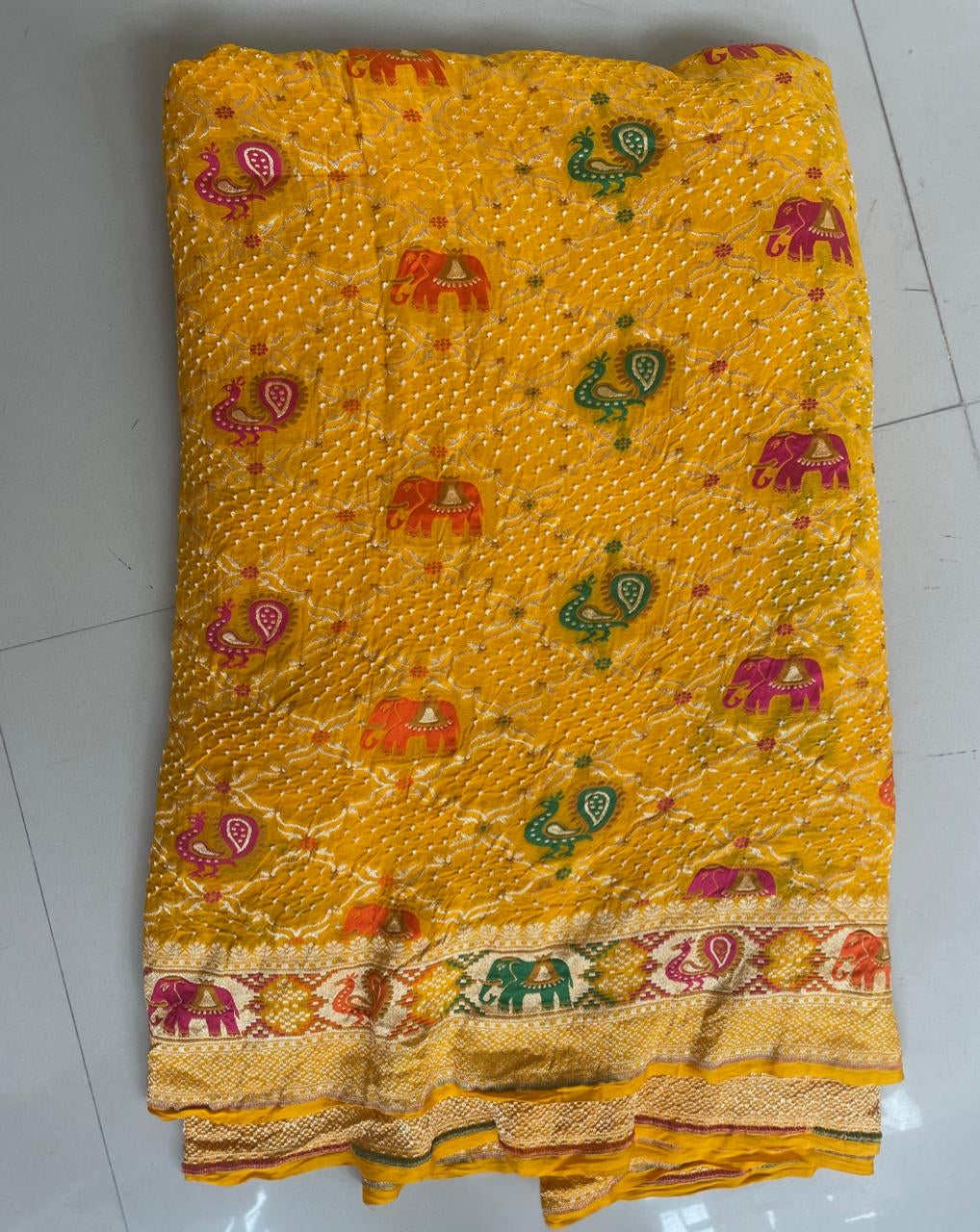 Yellow bandhej gorgette saree women saree - Saffronfashionindia