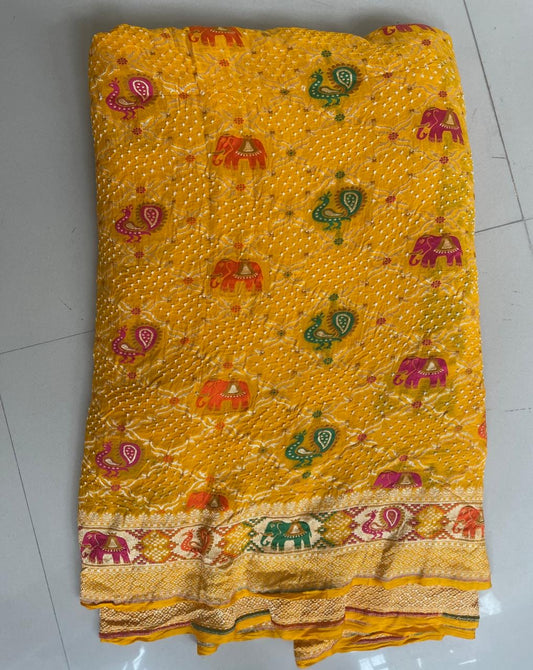 Yellow bandhej gorgette saree women saree - Saffronfashionindia