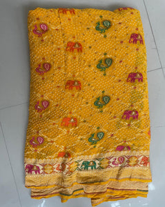 Yellow bandhej gorgette saree women saree