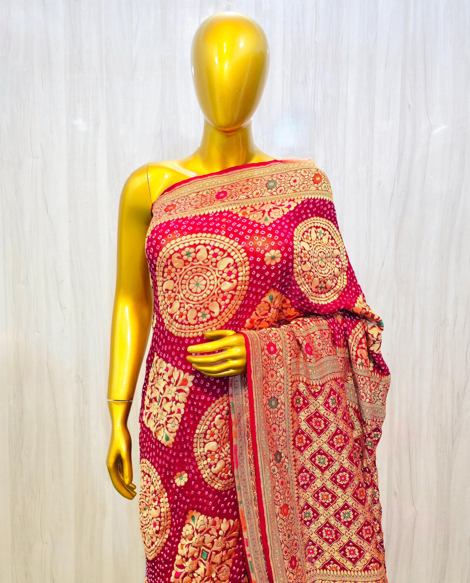 Avisha gorgette saree meenakari saree Indian sari blouse Saffronfashionindia