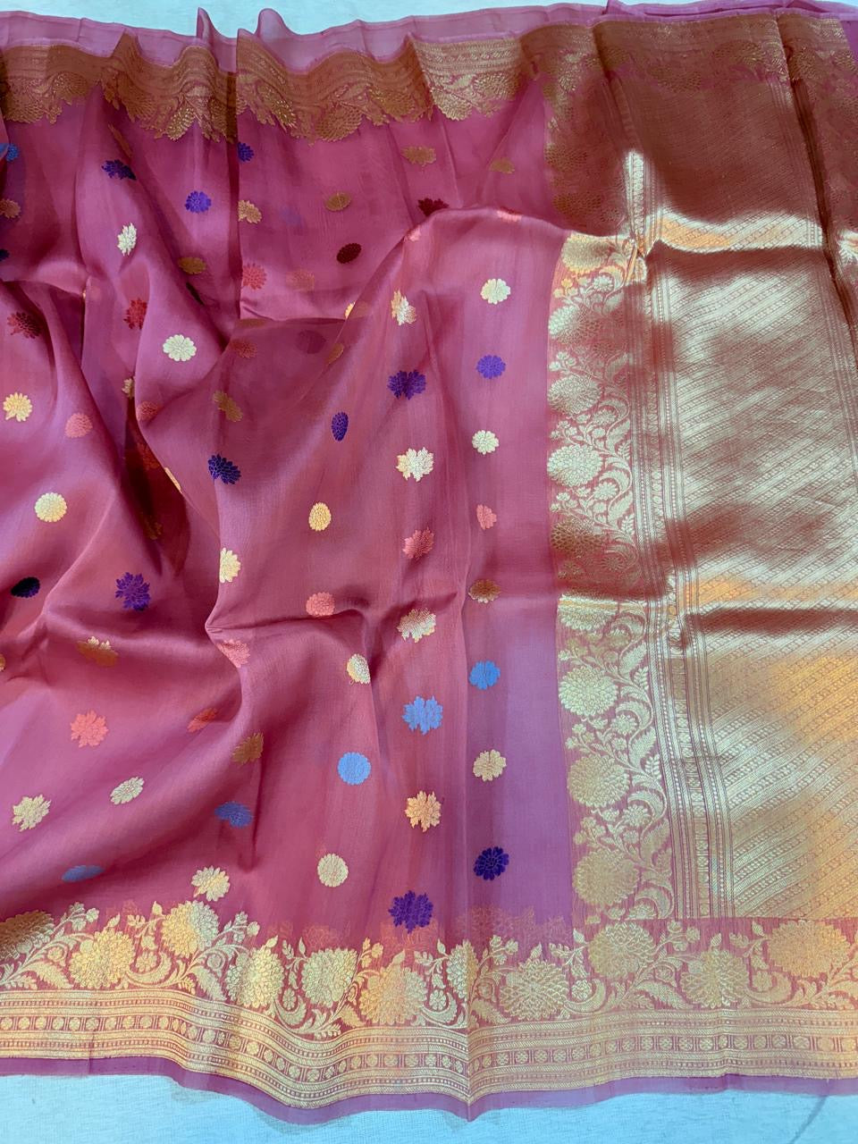 Handloom kora saree Meenakari saree - Saffronfashionindia